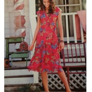 Sundance Red Floral 100% Silk Ruffled Midi Dress Size 10P